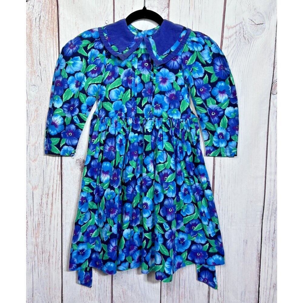 Vintage 80s Girls Dress Floral Pansy Pansies Prairie Cottagecore Blue Size 6X